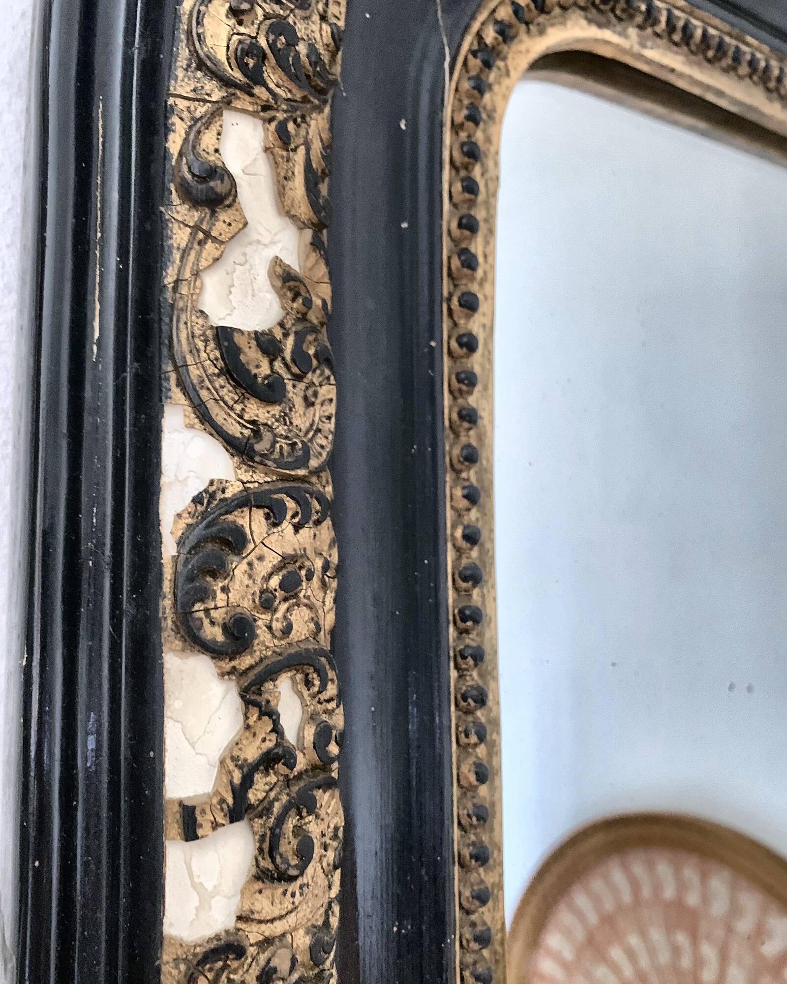 Antique mirror Napoleon III 19th century black and gold original glass signed Al