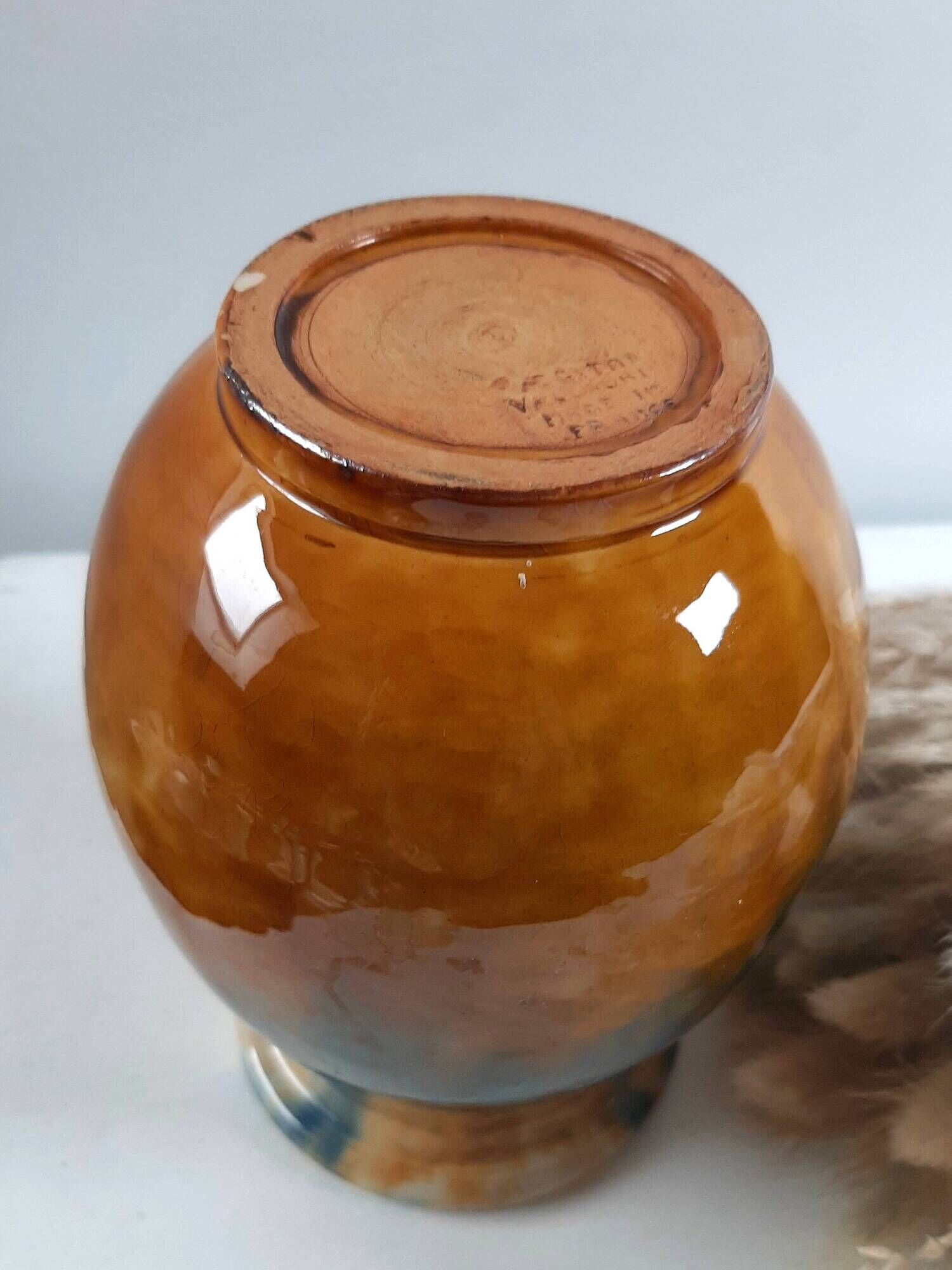 Aetgina vase Vallauris vintage in ochre and blue glazed ceramic.