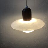 Pair of onyx and walnut suspended light fixtures