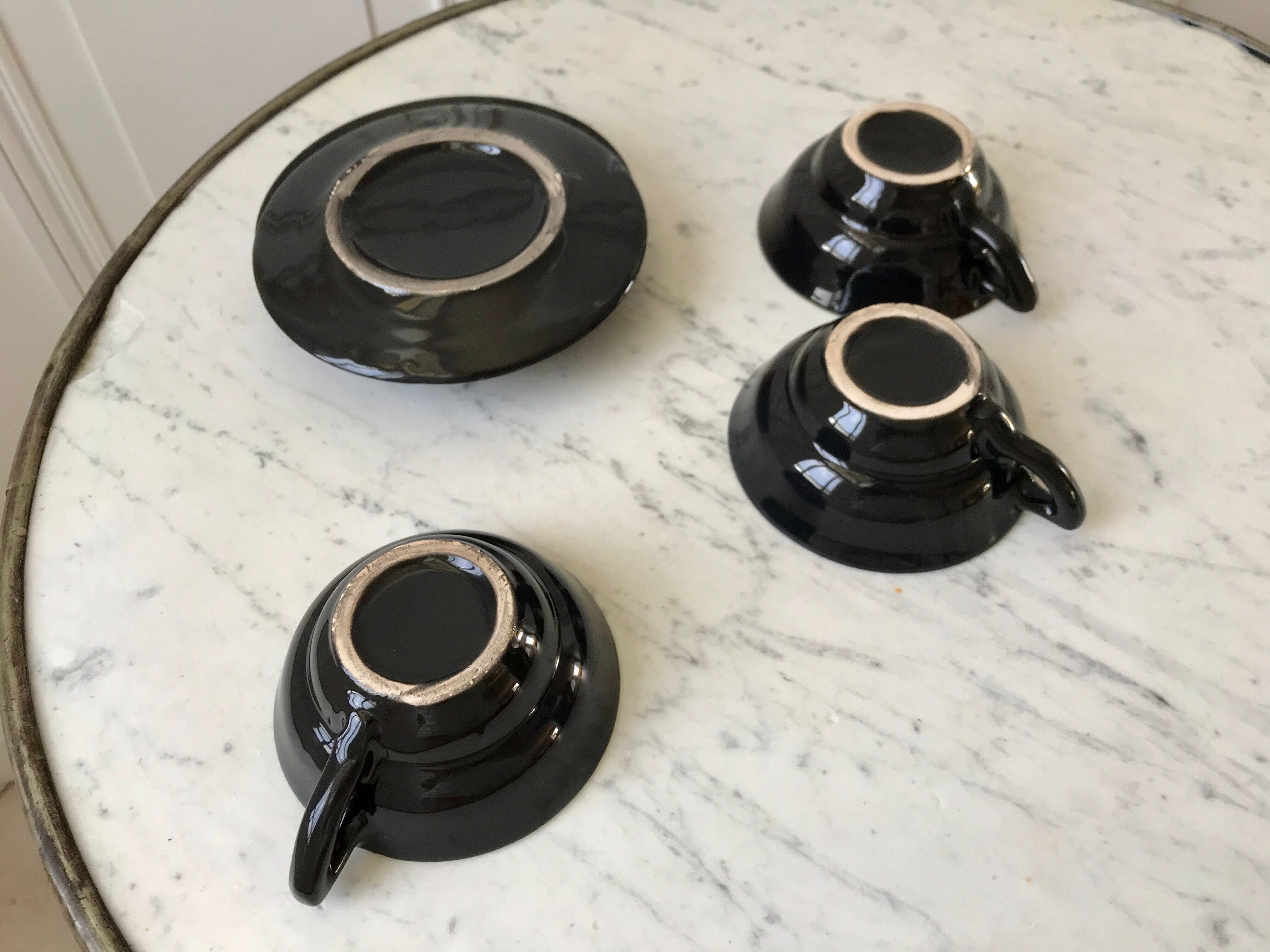 Set of 3 cups and saucers sage green and yellow 60s