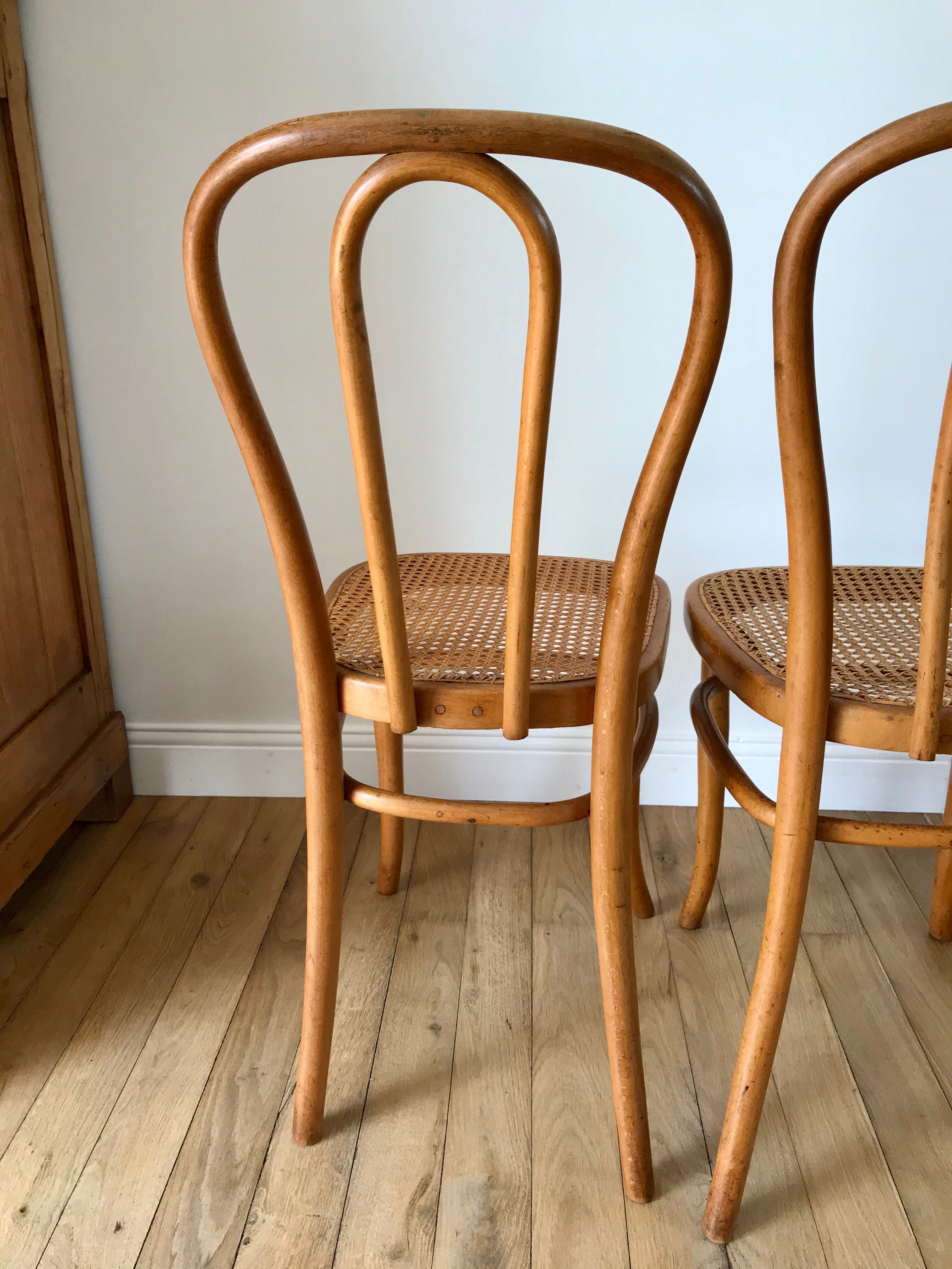 Set of 4 cane chairs in bentwood and honey-coloured cane thonet early 20th century