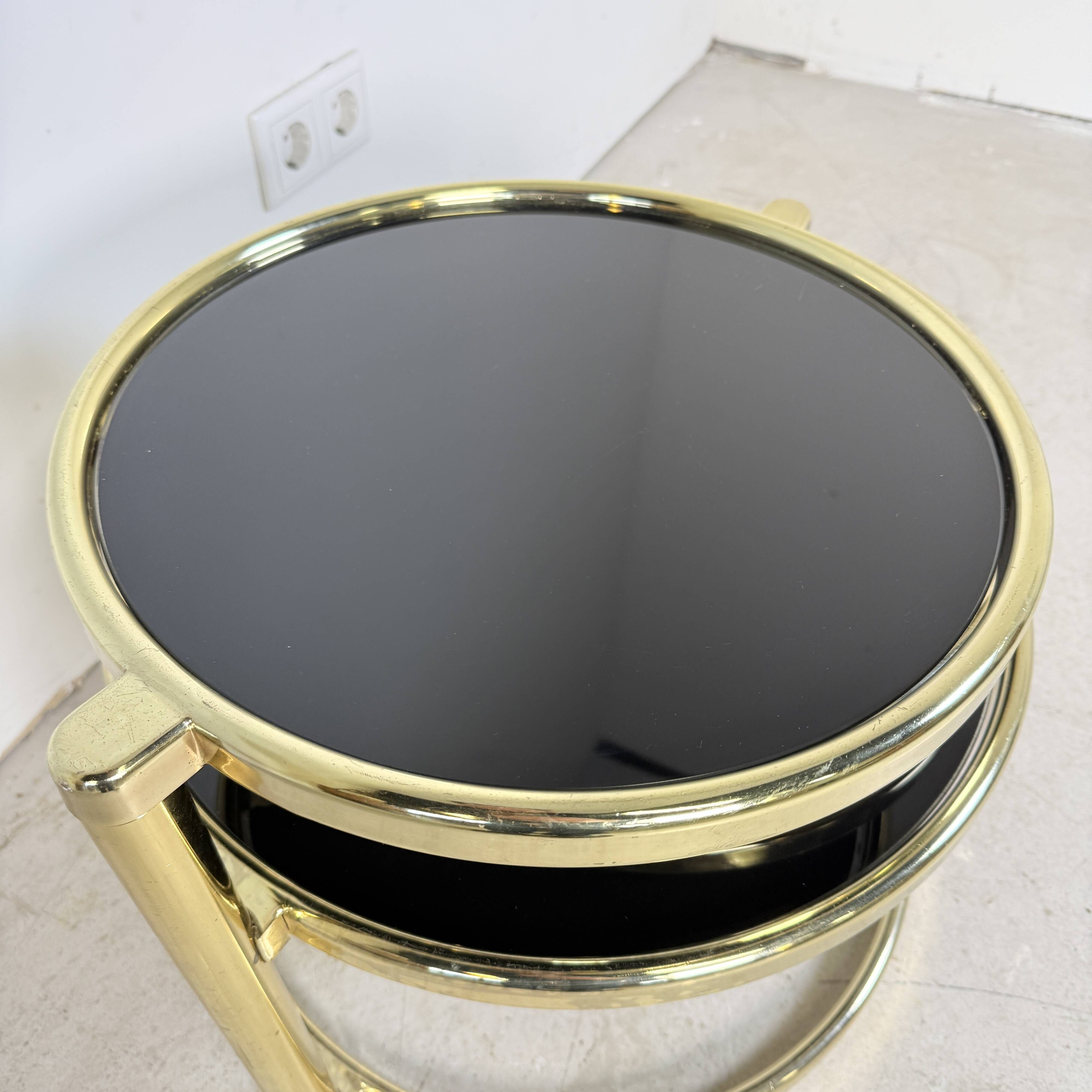 Vintage Hollywood Regency Swivel Cascade Coffee Table with Black Glass
