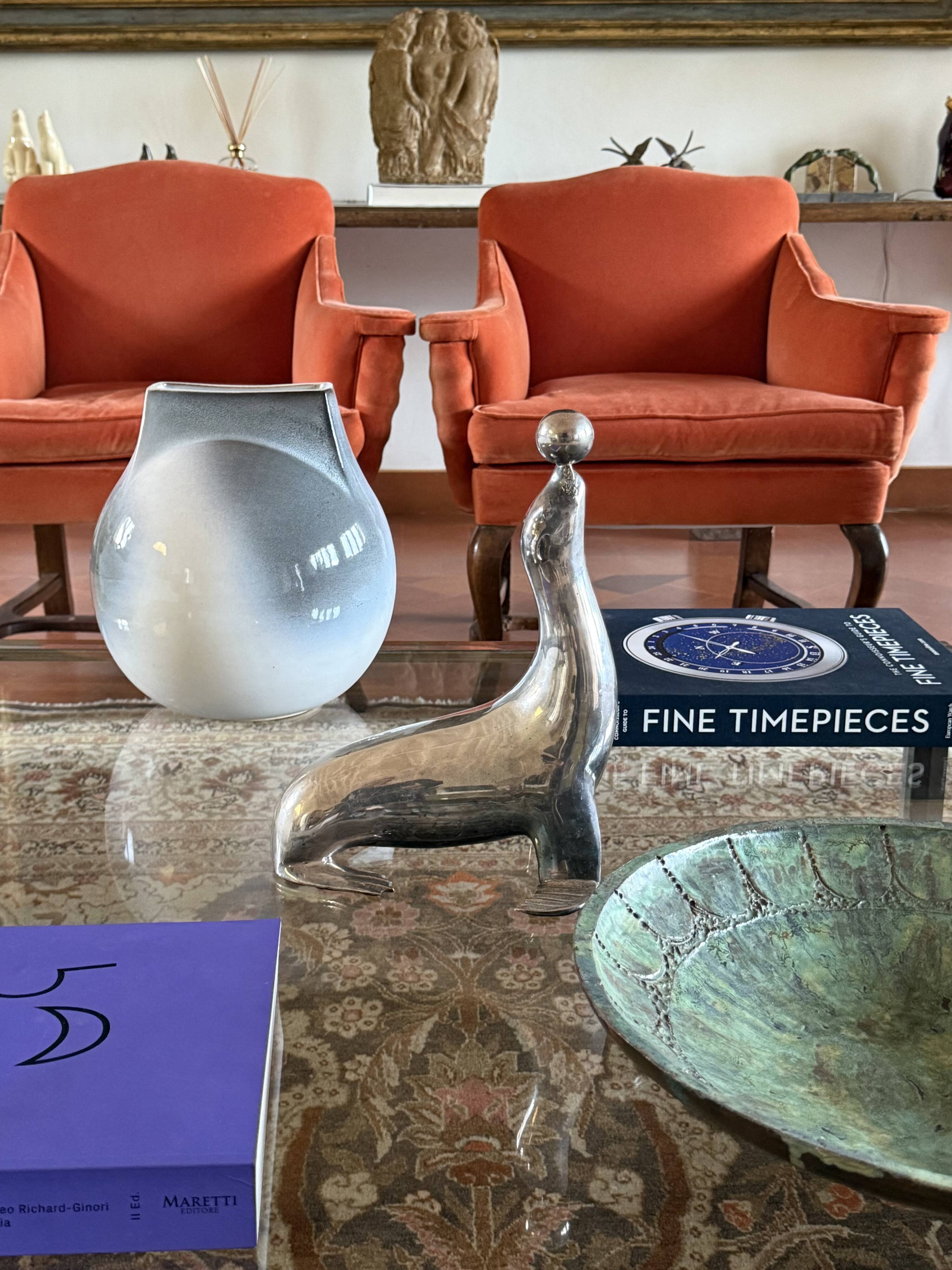 Art deco silverplated brass Seal sculpture, France 1940s