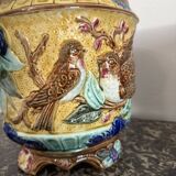 Pair of Art Nouveau Cache-Pots in Barbotine - Bird & Ribbon Decor - Fon