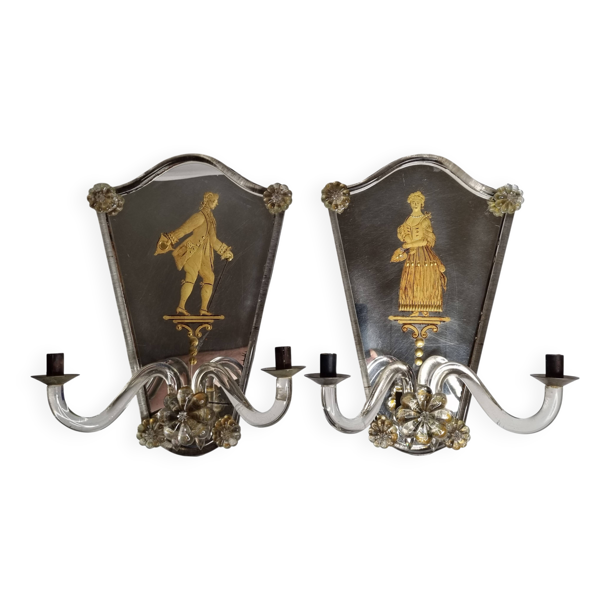 Pair of antique Murano wall lights with gilded engraved mirror, Italy, 19th century