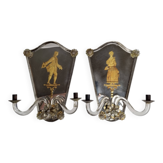 Pair of antique Murano wall lights with gilded engraved mirror, Italy, 19th century