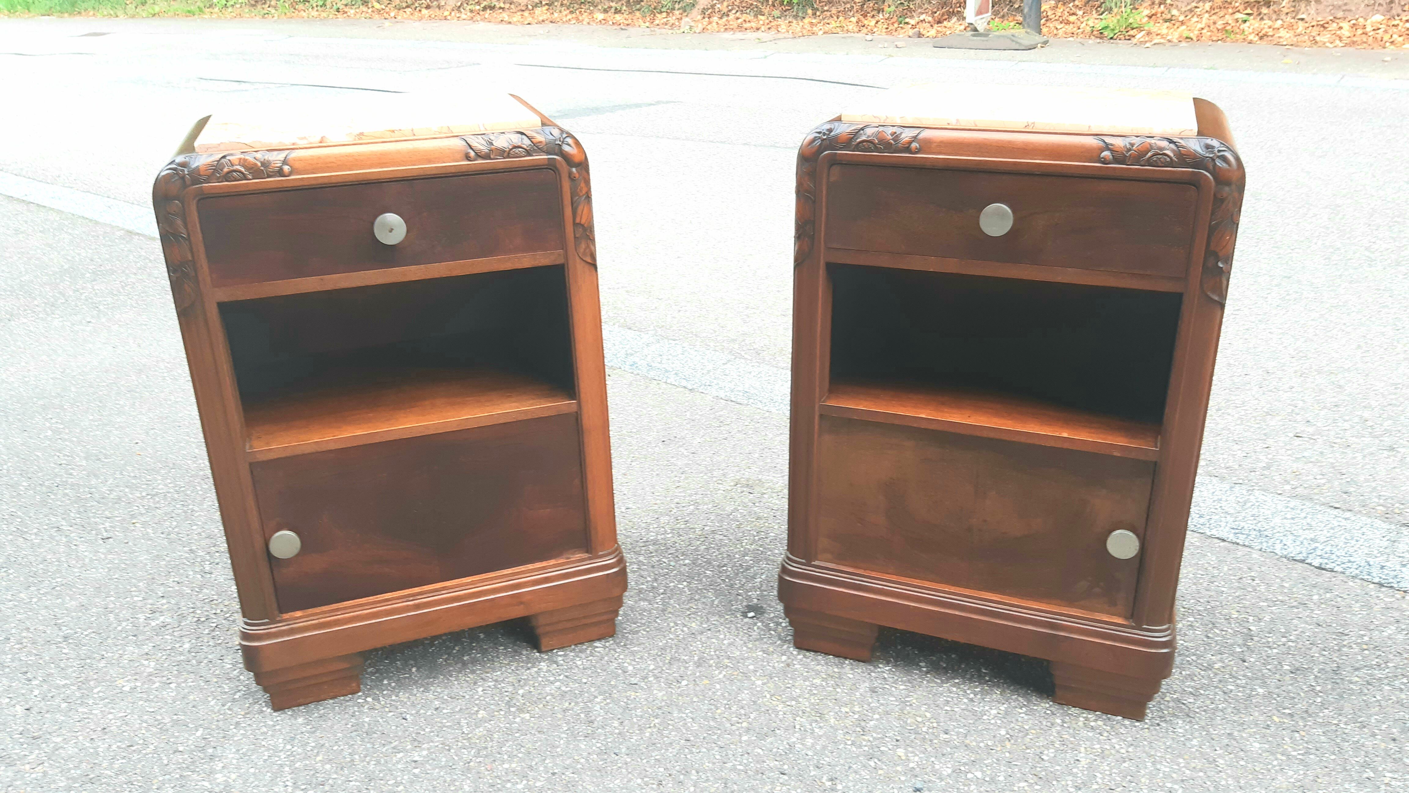 Art Deco bedside tables carved wood and marble 1930