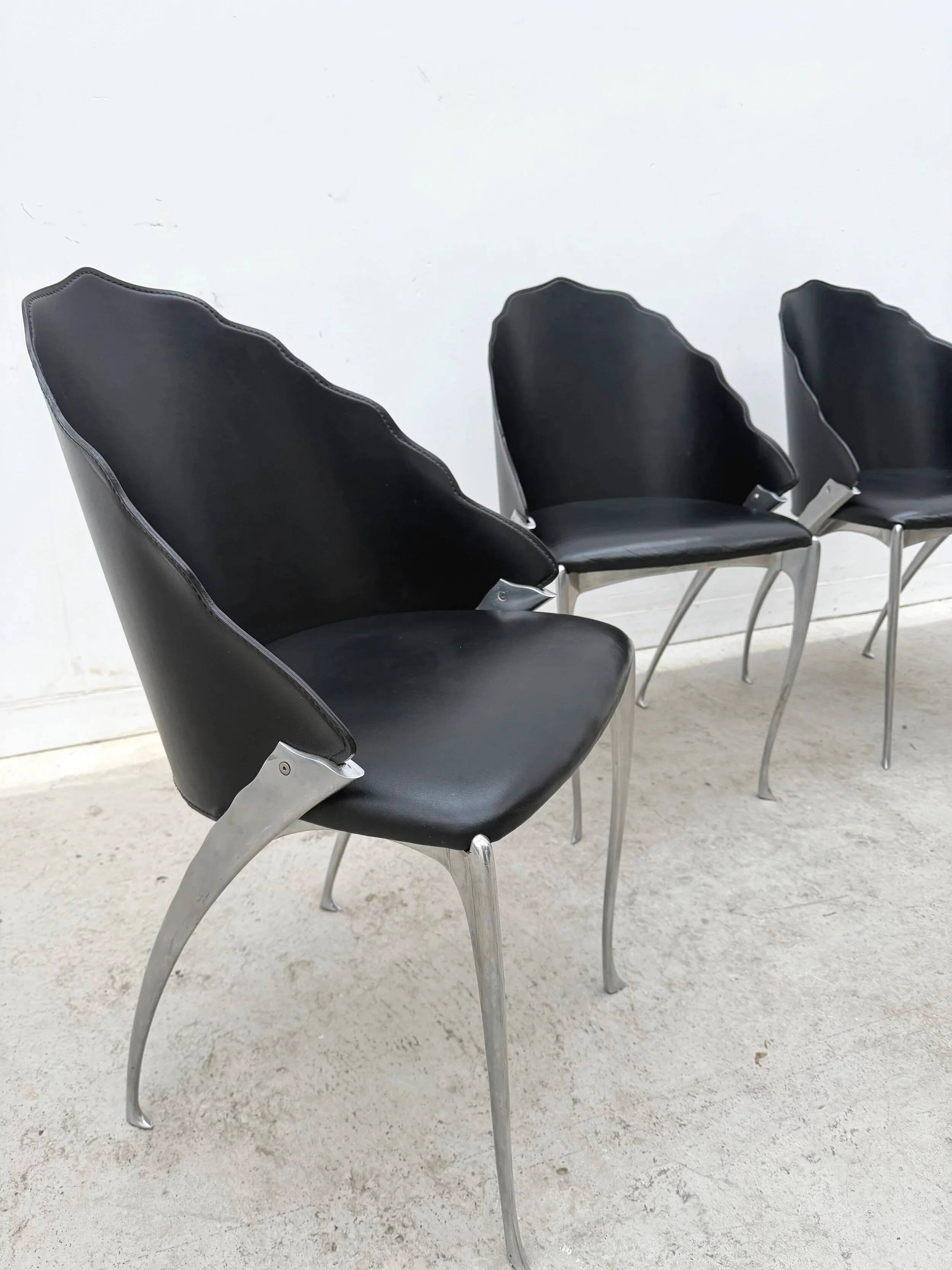 Set of 4 chairs by Bernard Dequet for Protis France Design in cast aluminum and leather, France 1980