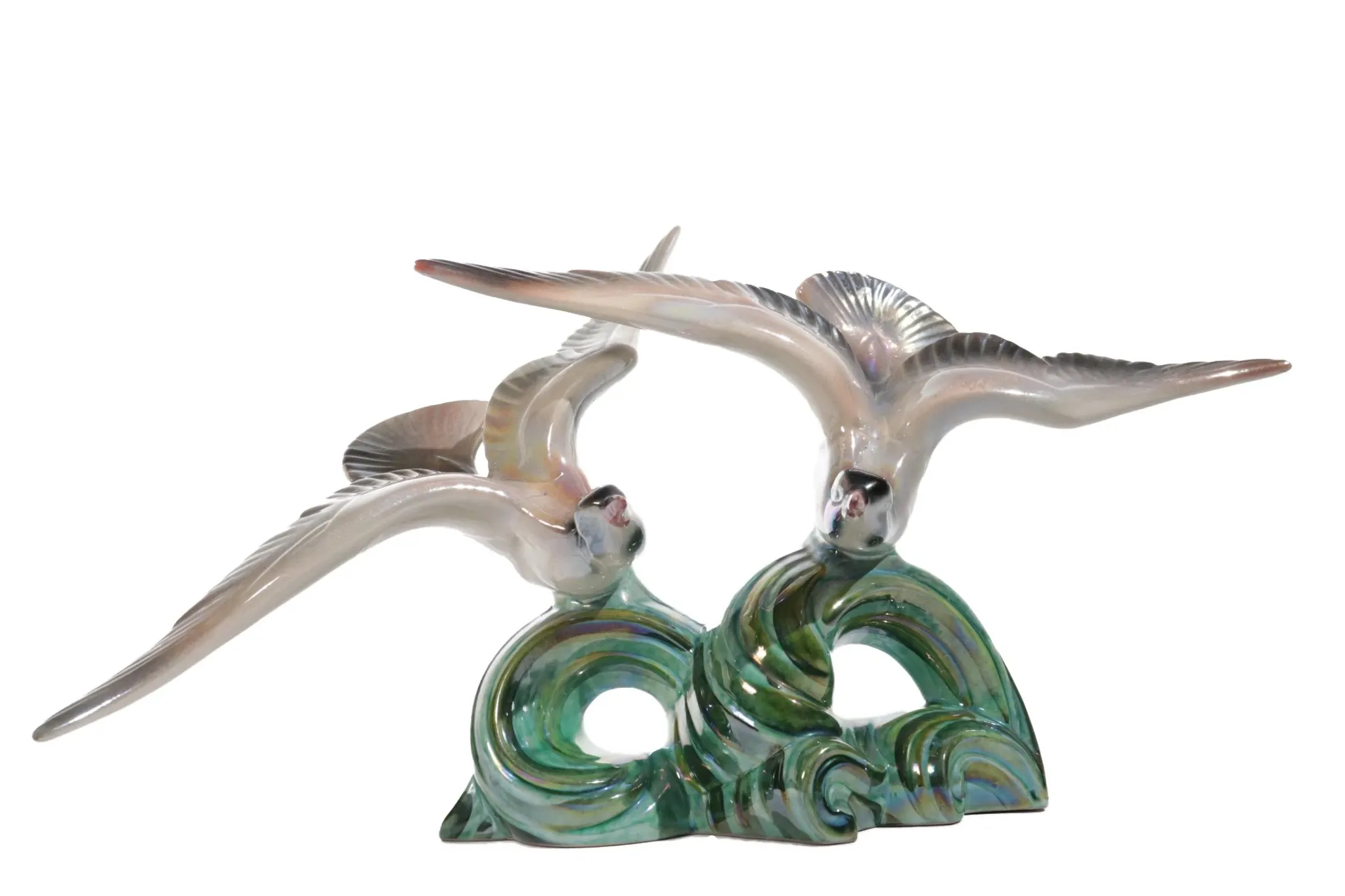 Art deco porcelain sculpture of two flying birds – iridescent, 1920s