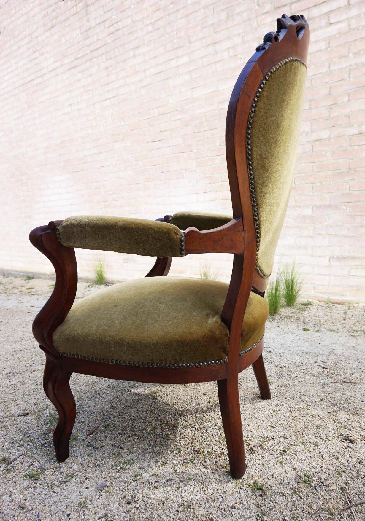 Mahogany Napoleon III Armchair with Carved Grapes  Decoration on Top, 1870s
