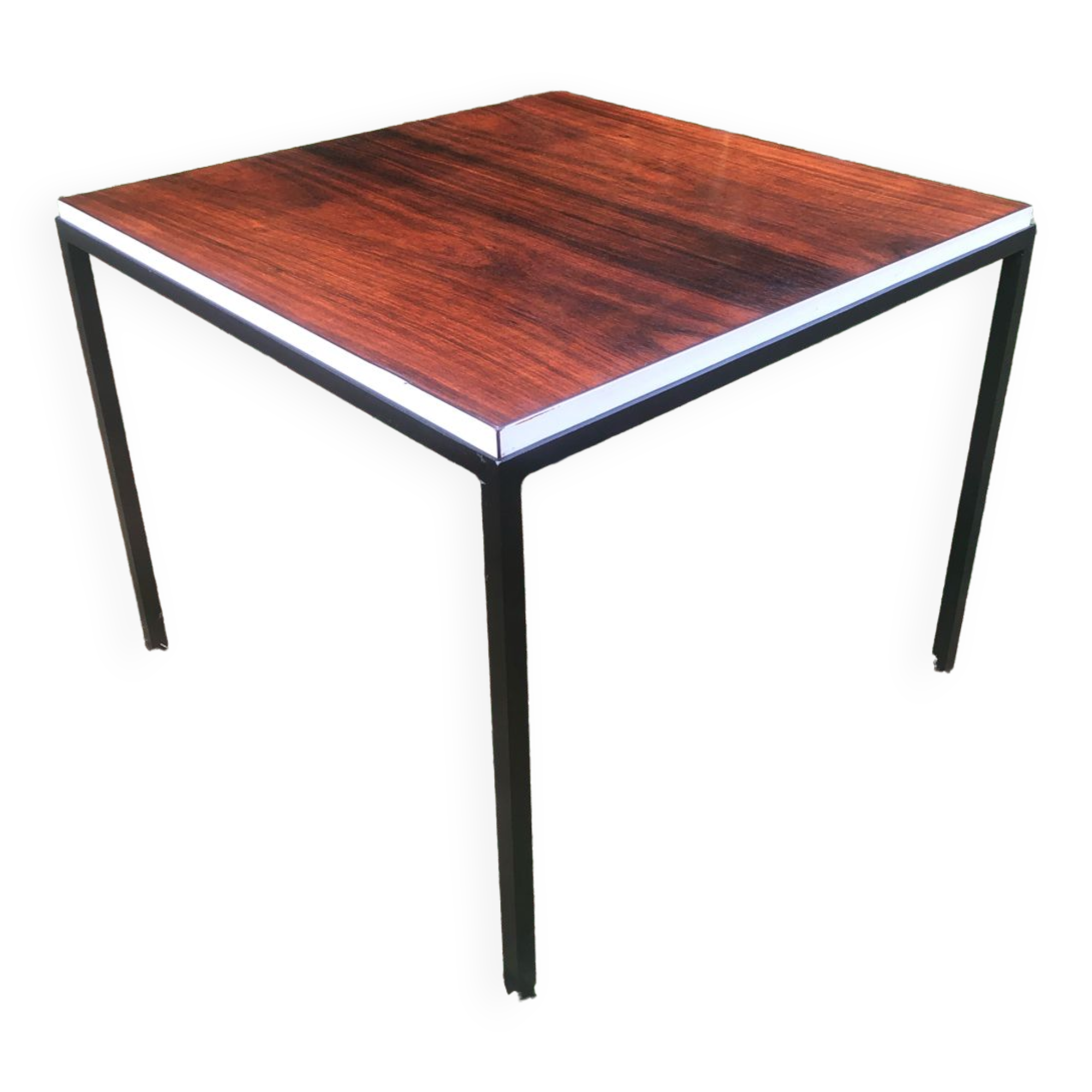 Table basse carré métal noir et plateau palissandre vers 1960