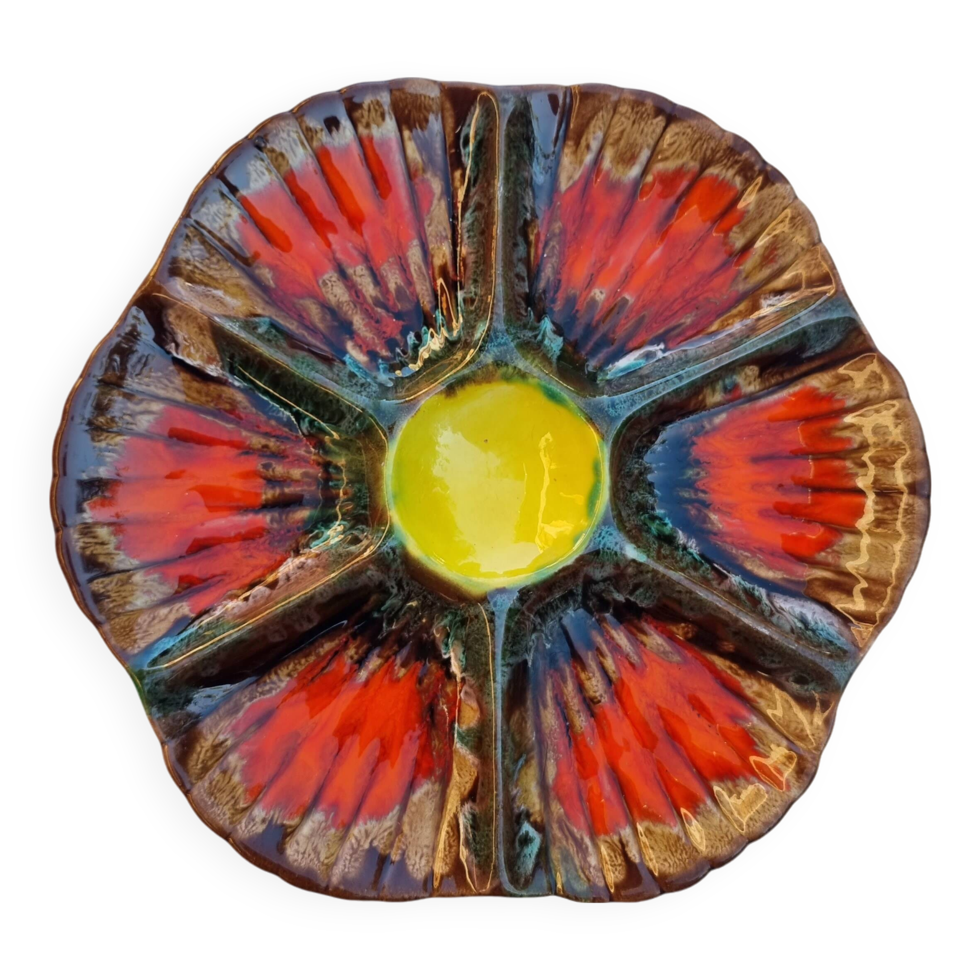 Ceramic oyster dish for 6 Barbotina handcrafted painted and enameled from Vallauris France 1970s