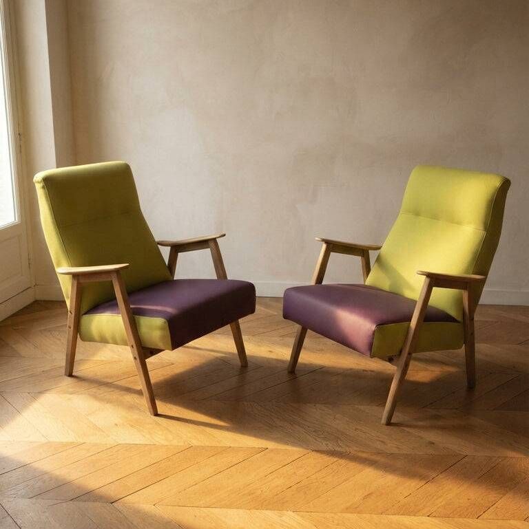 Pair of restored vintage armchairs, green and purple upholstery