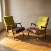 Pair of restored vintage armchairs, green and purple upholstery