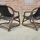 Pair of vintage skaï bamboo armchairs