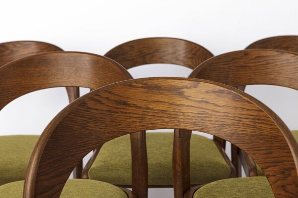 Ensemble de 6 chaises de salle à manger Mid Century, chaises Gondola Baumann des années 1970, en bois de chêne.