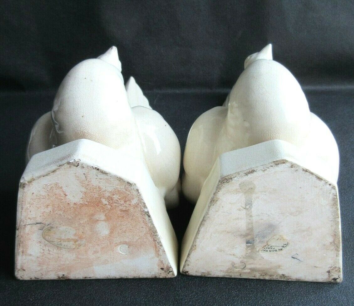 Cracked white ceramic Art Deco book-snables: Birds, Doves