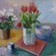 Huile sur toile suédoise d'époque mi-siècle – « Nature morte avec des tulipes » par Ove Månsson – vintage et encadrée – 51 × 62 cm (20,1" × 24,4")