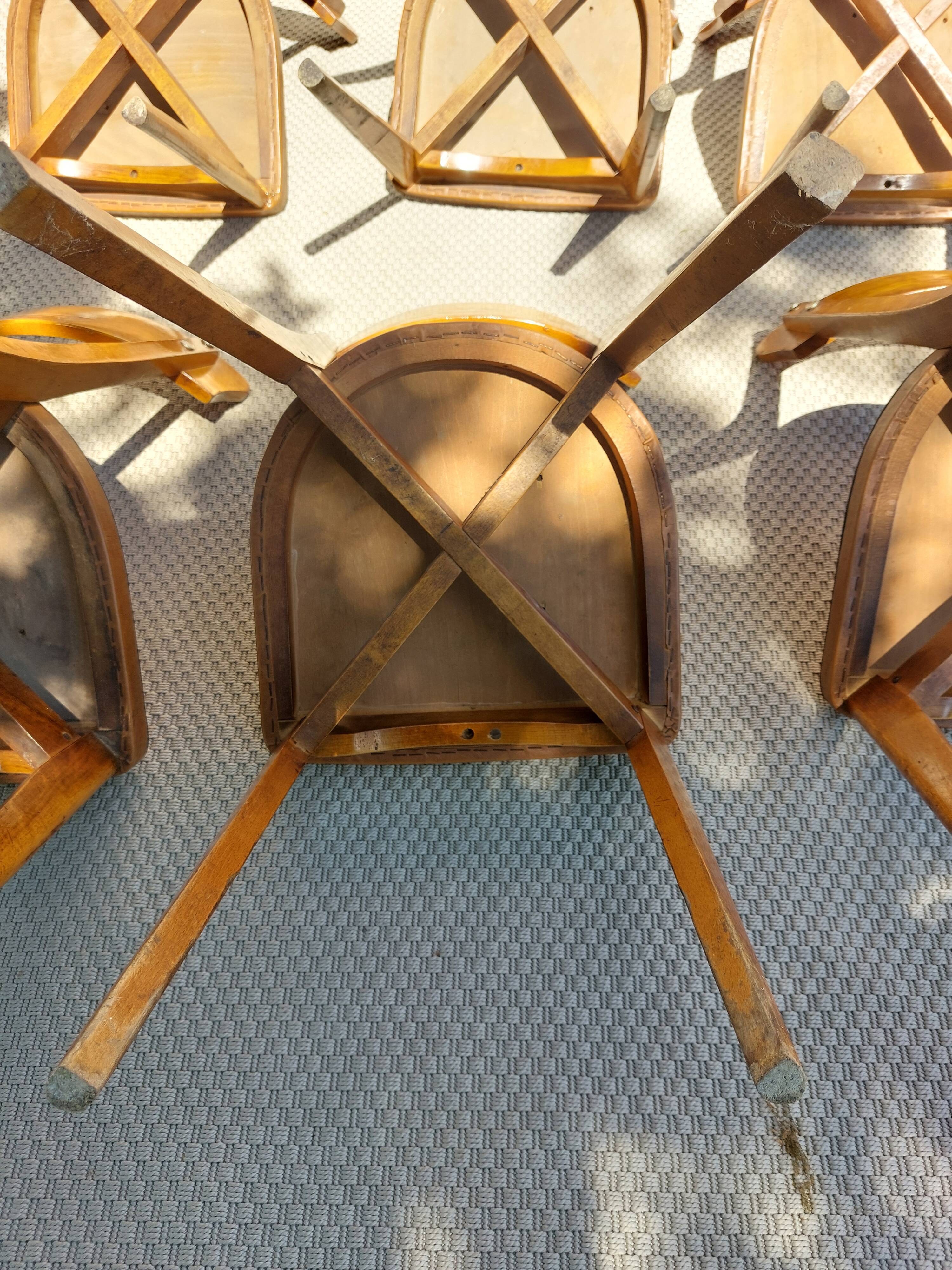 6 vintage 1960s wooden bistro chairs with camel faux leather.