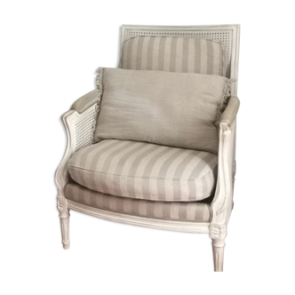 Shepherdess wood & cannage, bleached, seats and armrests striped linen - Roche & Bobois