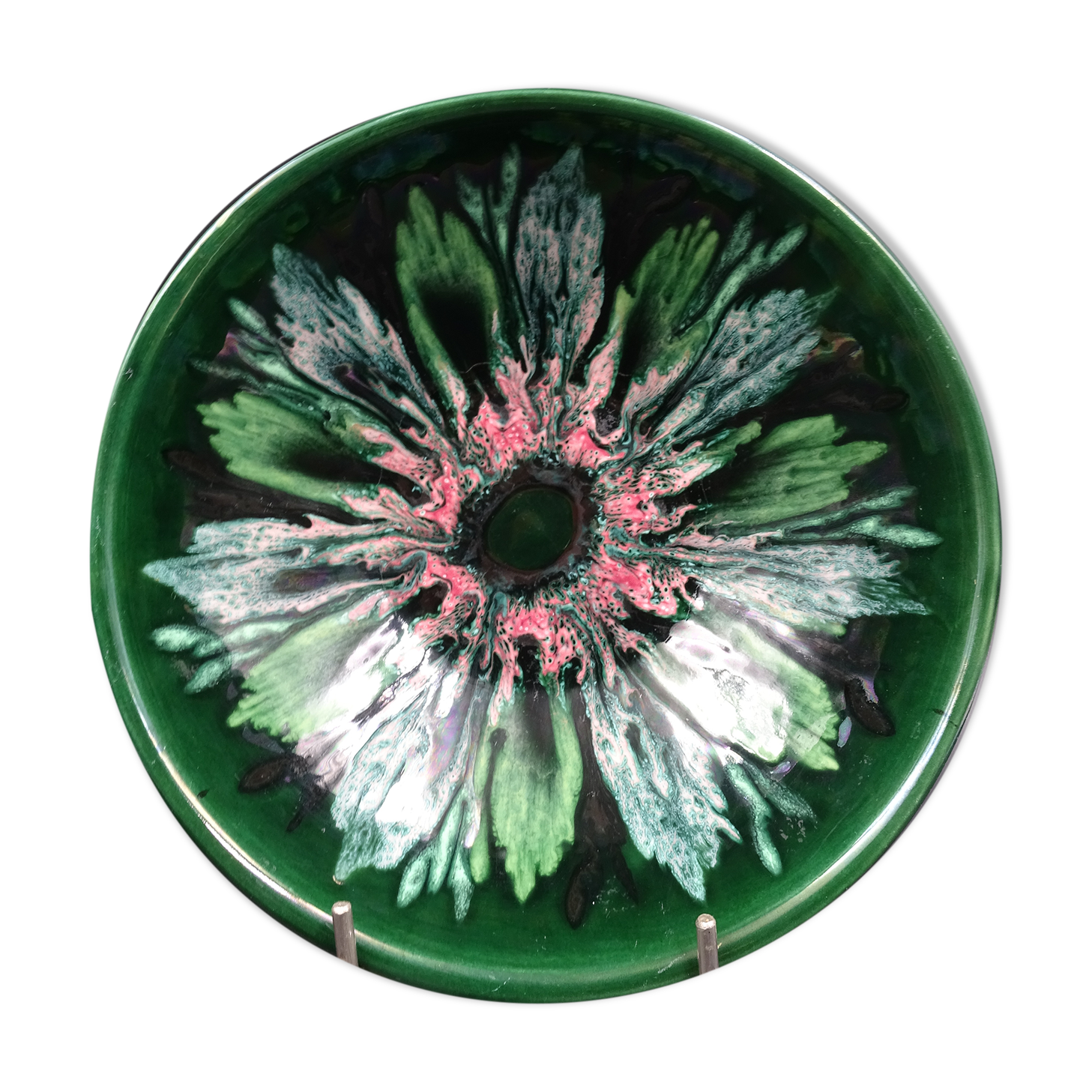 Green faience bowl decorated with multicolored drips around 1970