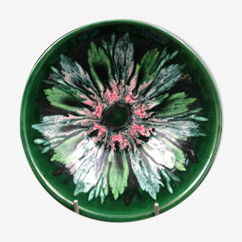Green faience bowl decorated with multicolored drips around 1970