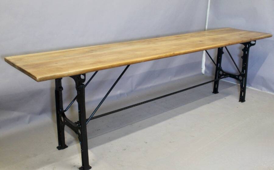 Grande Console Industrielle Plateau Noyer Piètement Fonte