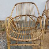 4 armchairs and a coffee table made of rattan and bamboo wood, vintage.