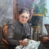 HST painting "Family portrait: the embroiderer" signed Marolles 19th century