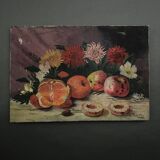 Oil on canvas still life with fruits and flowers by L. Parize 20th century
