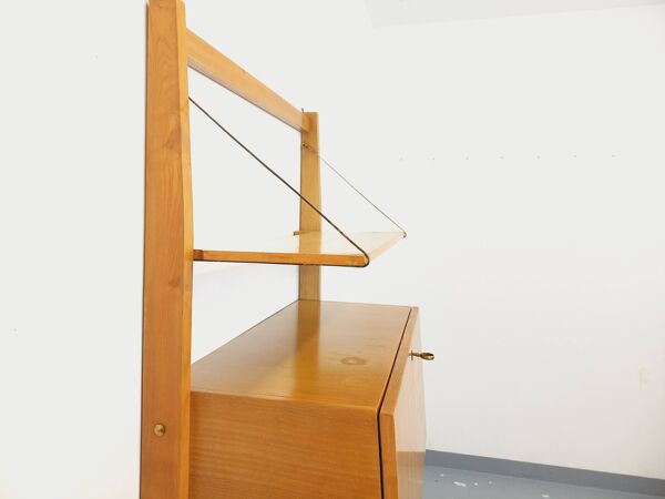 Bibliothèque étagère murale avec secrétaire bar vintage en bois clair