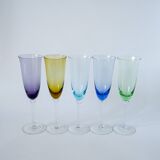 Set of 5 multicolored colored glass flutes 1970