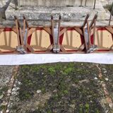 Round wooden table with 1 integrated extension + 6 wooden and fabric chairs