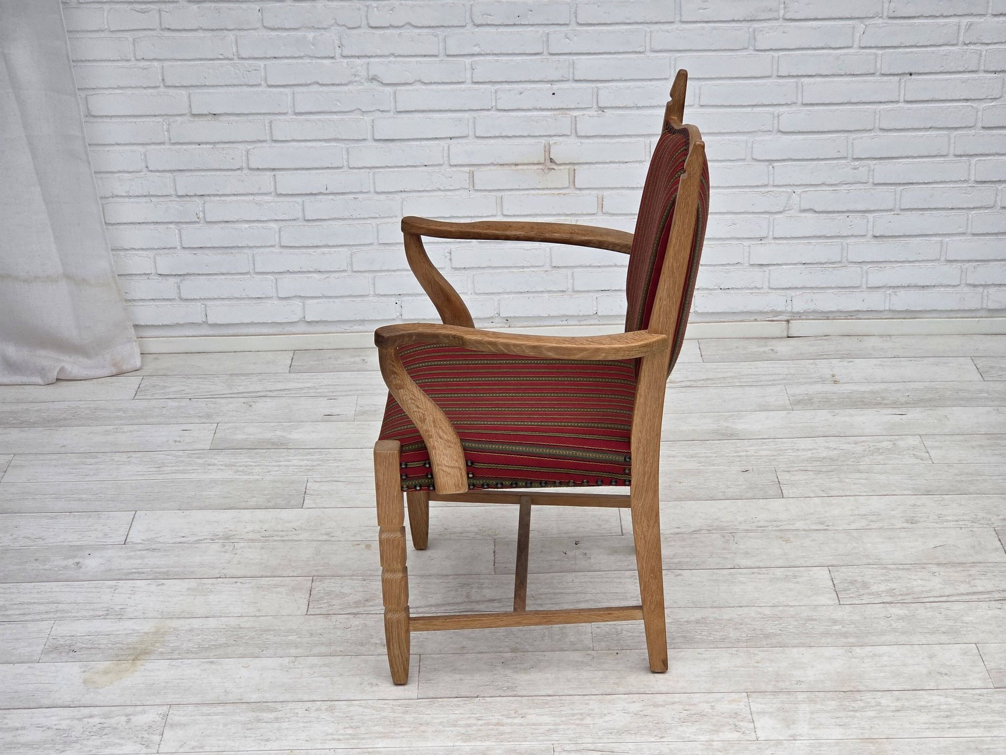 1970s, Danish armchair, striped red furniture wool, solid oak wood.