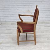 1970s, Danish armchair, striped red furniture wool, solid oak wood.