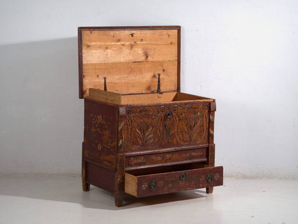 Polychrome pine wedding chest – Central Europe, 1889