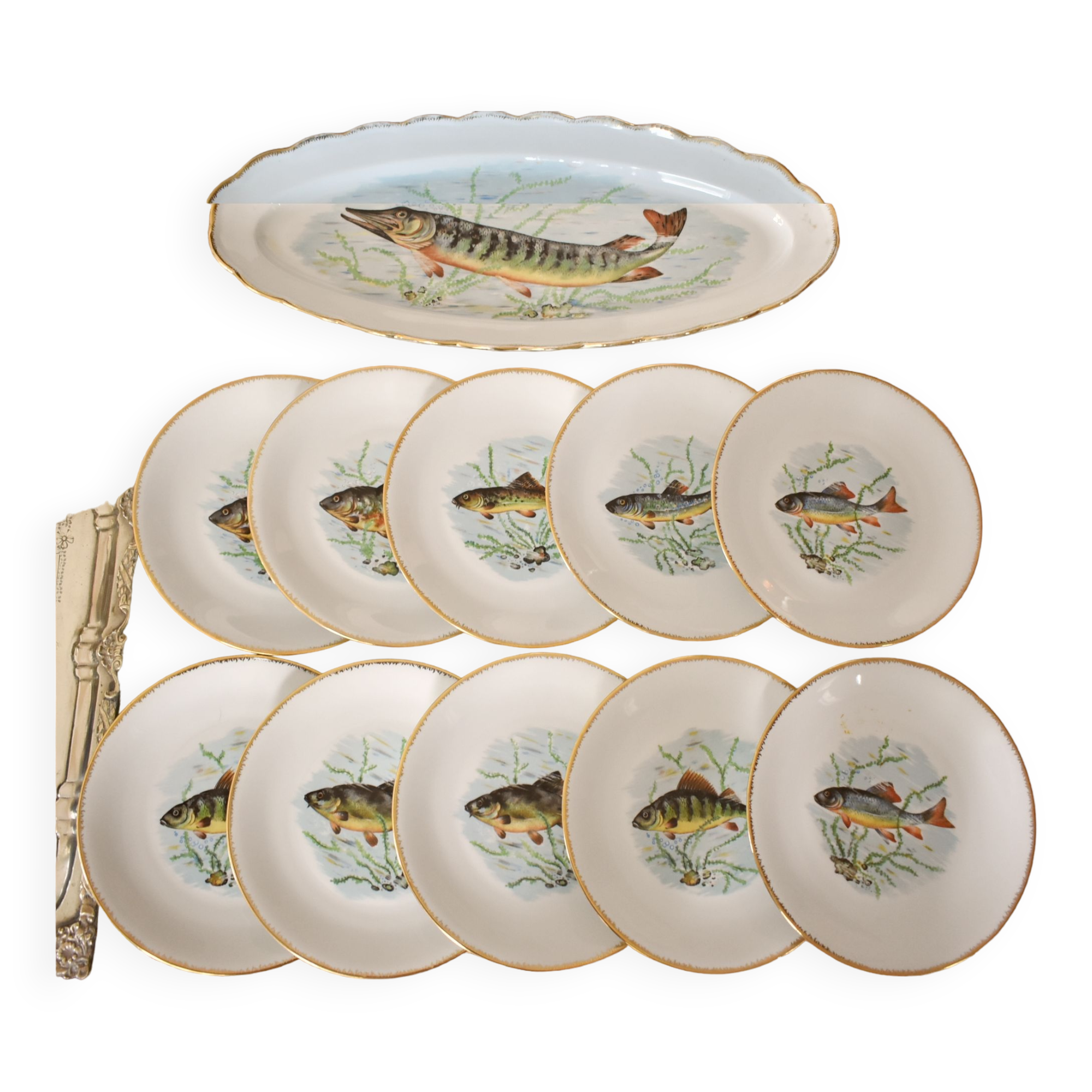 Rare: fish set 11 pieces, Société Française de Porcelaine