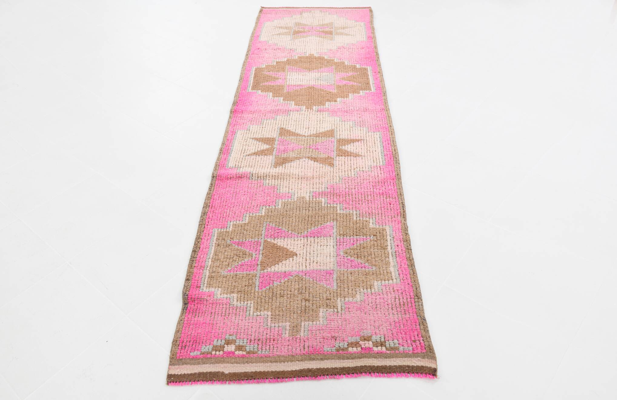 3x10 Fuchisa Pink & Caremel Brown Geometric Pattern Vintage Runner Rug