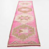 3x10 Fuchisa Pink & Caremel Brown Geometric Pattern Vintage Runner Rug