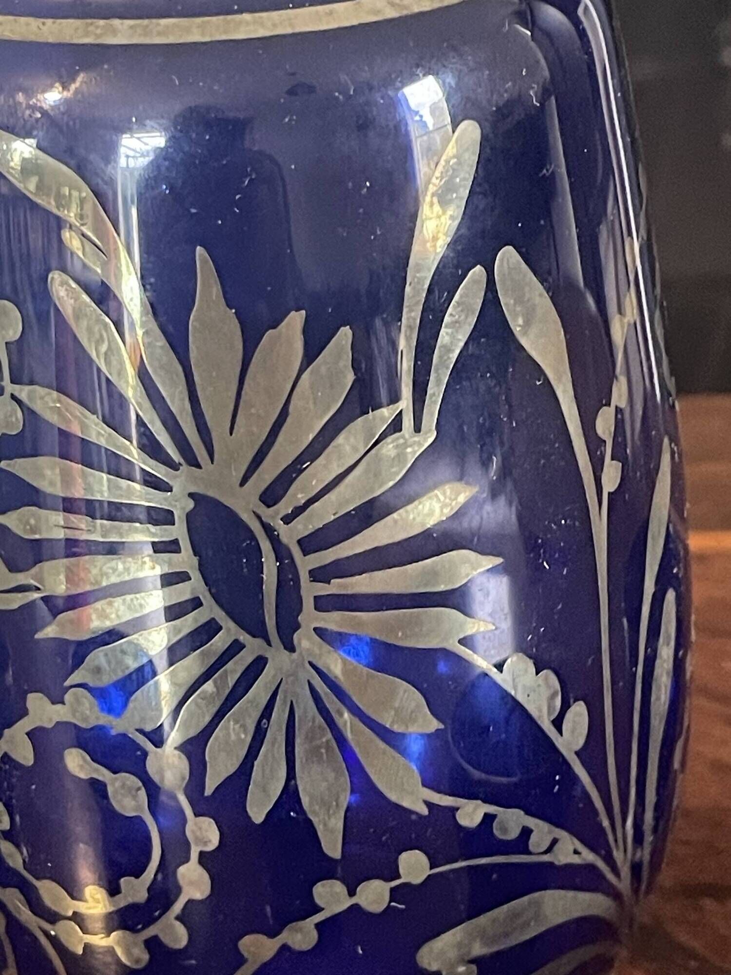 Antique Cobalt Blue Glass Liqueur Set with Applied Silver Decoration – 7