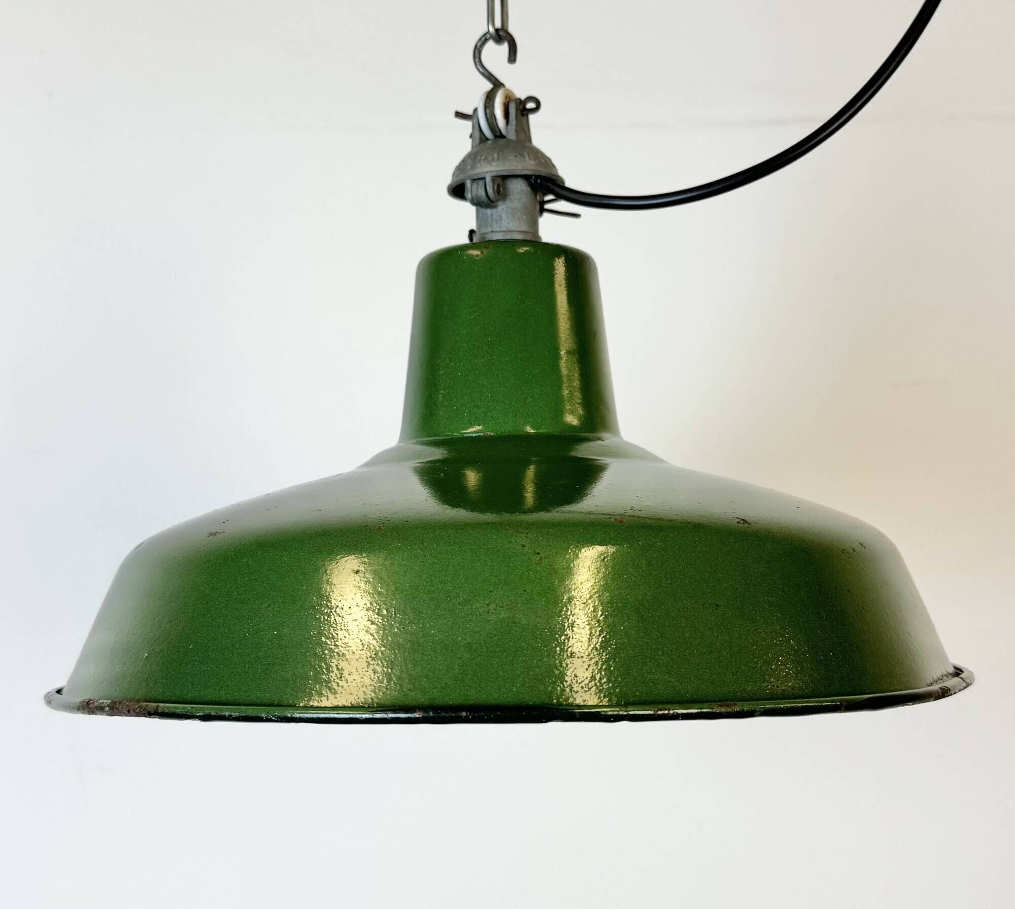 Industrial French Green Enamel Factory Lamp, 1960s