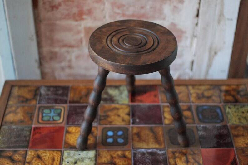 Vintage stool, tripod stool, occasional stool, wooden plant stand, side table, interior decoration.