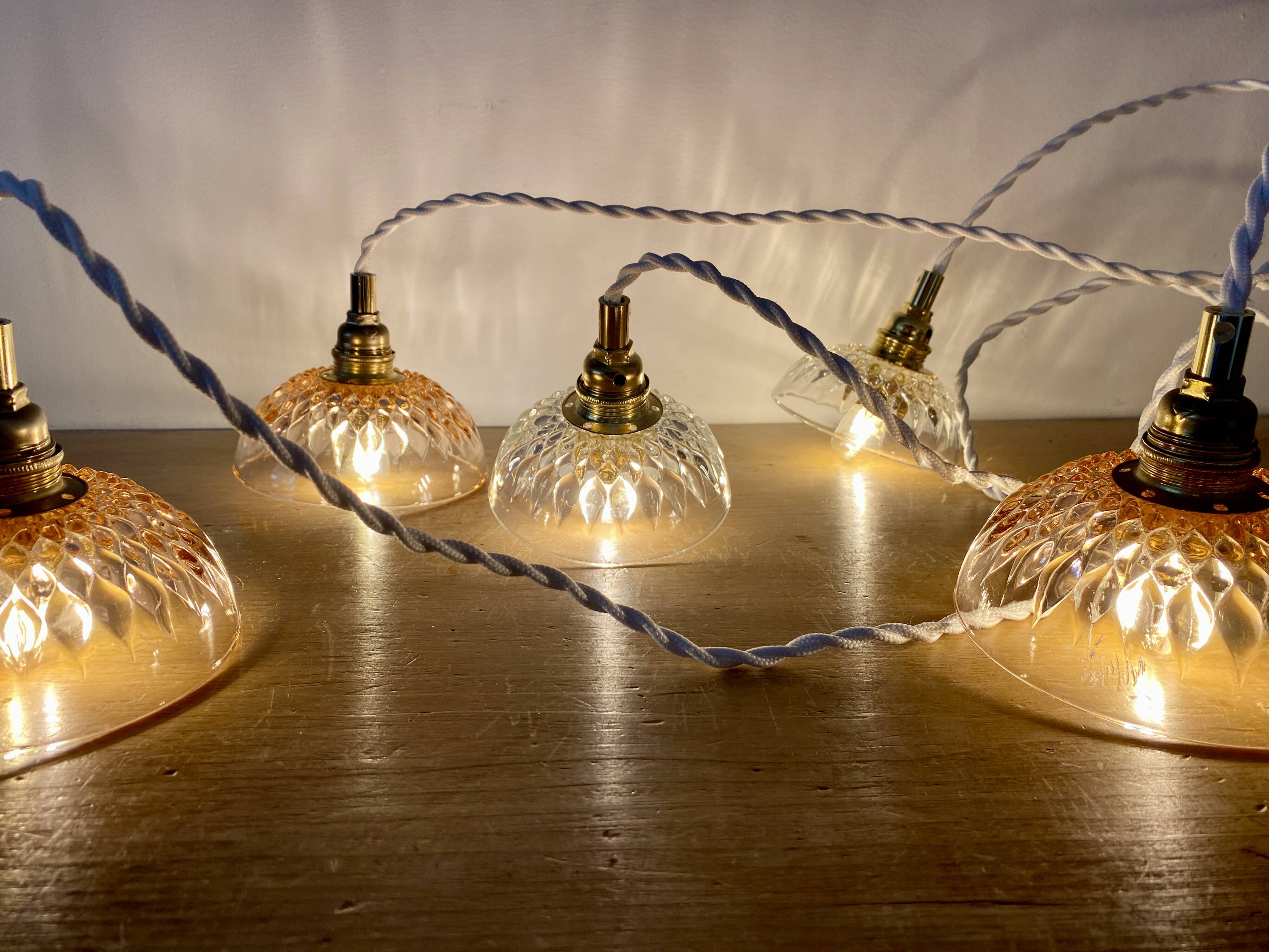 5-light waterfall pendant light with vintage pink and transparent glass shades