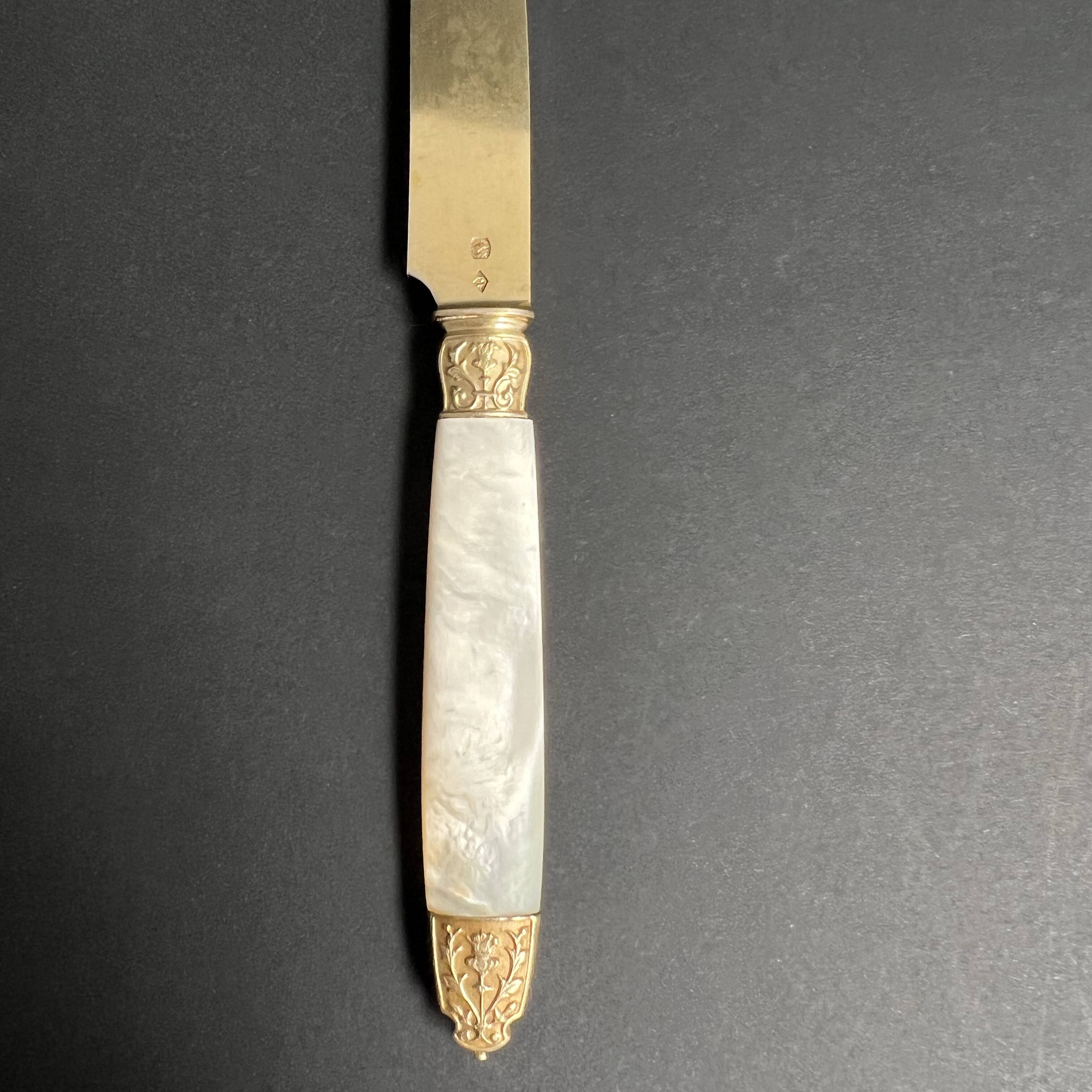 10 Fruit knives in solid silver and vermeil mother-of-pearl