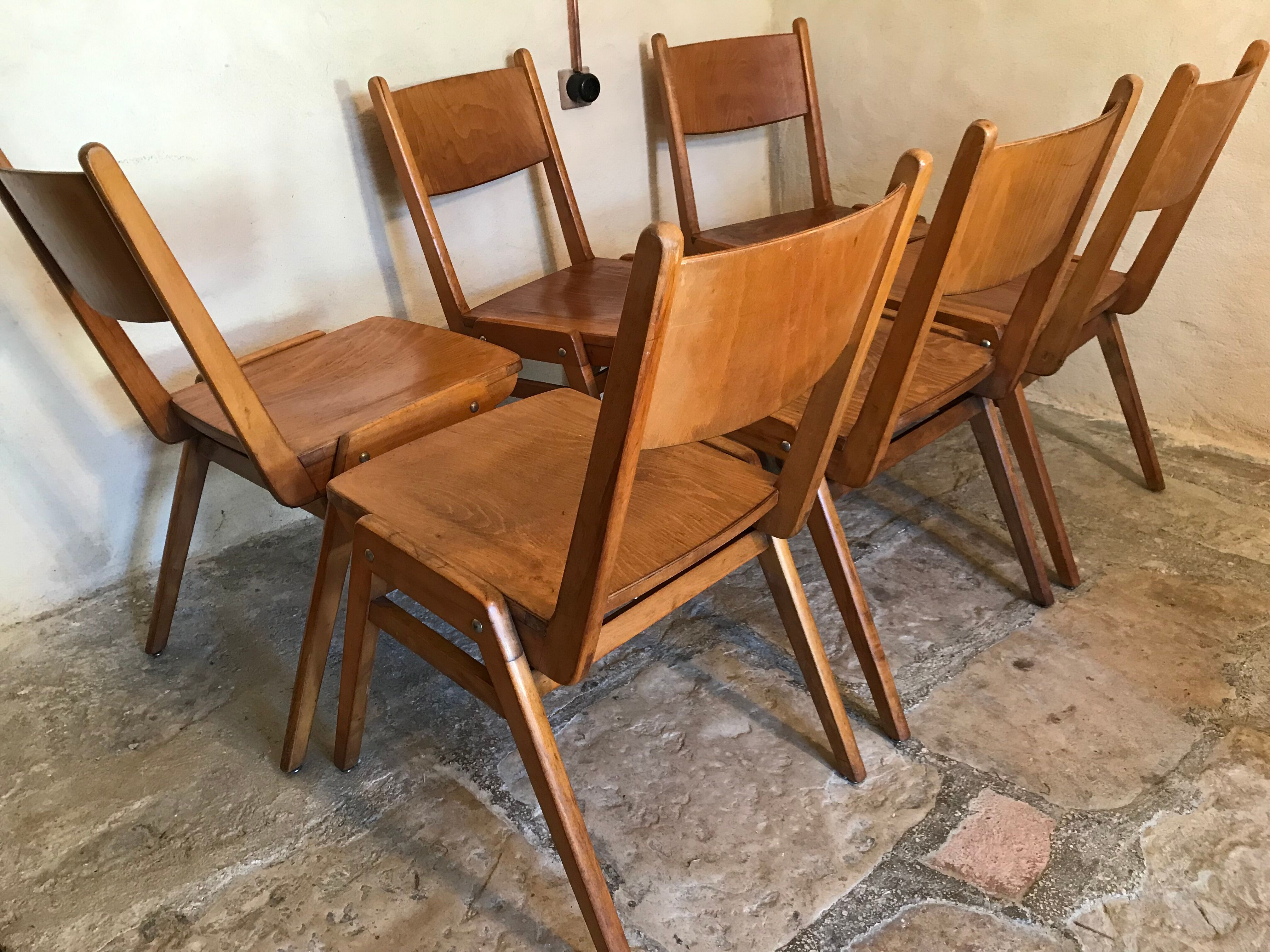 Set of 6 stackable chairs wood feet compass Germany 1960's