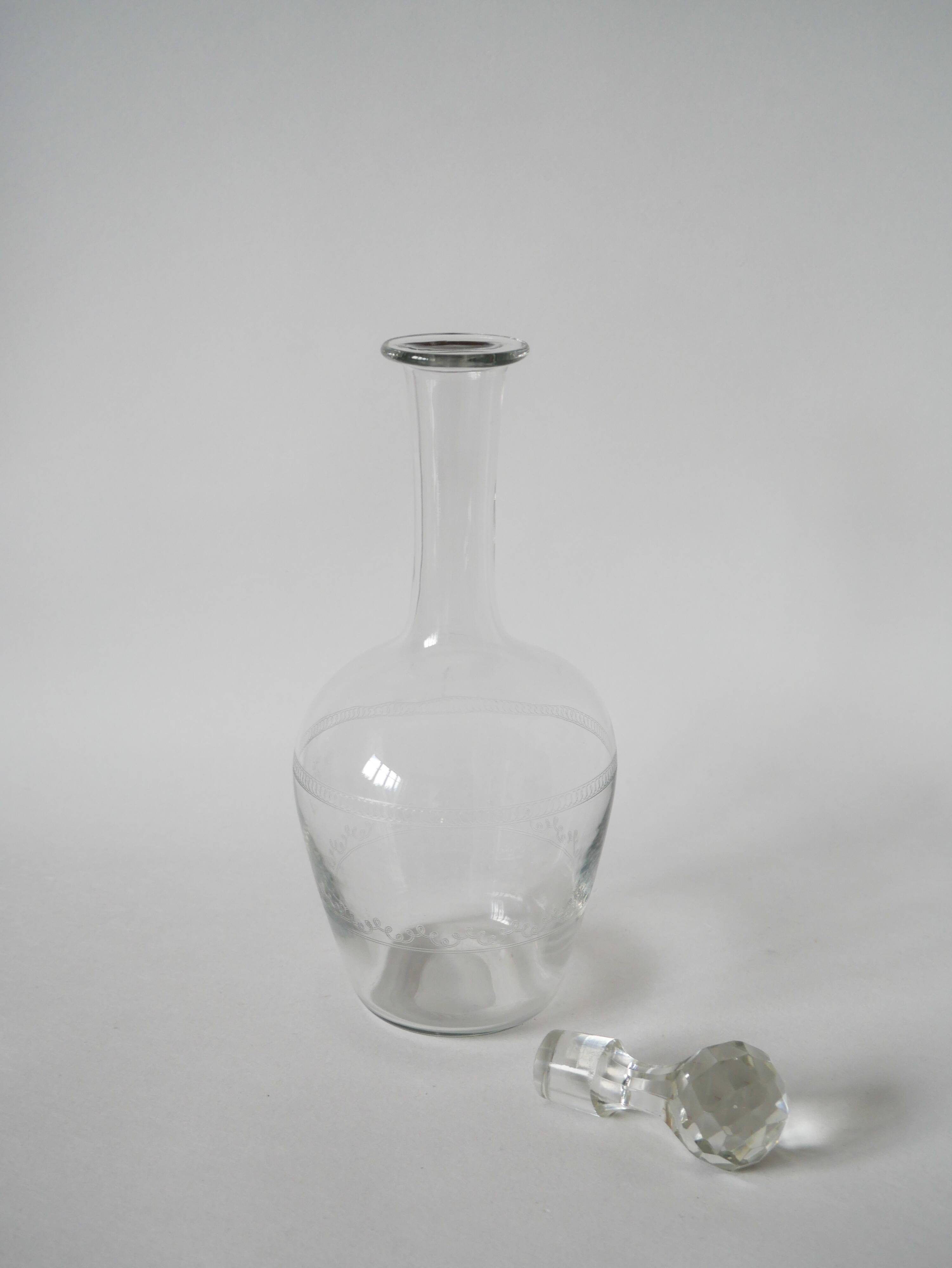 large wine carafe in chiseled glass and faceted stopper 1930