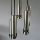 Suspension cascade of aluminum tubes with green glass