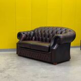 Original English Chesterfield 2-Seater Sofa - Vintage Oxblood Leather