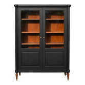 Renovated black antique Louis XVI style display cabinet, glass-fronted bookcase.