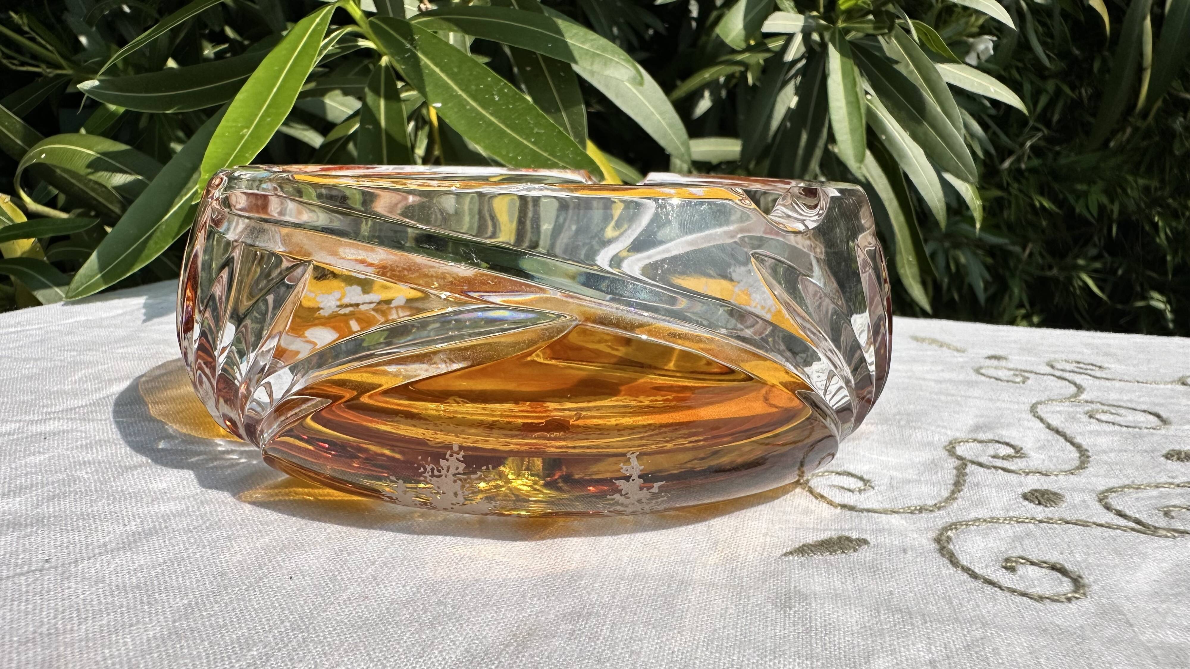 Magnificent Vintage Bohemian Ashtray in Cut Crystal of Yellow Orange